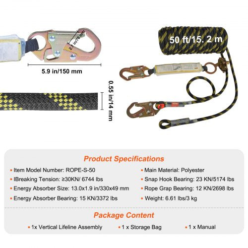 Vertical Lifeline Assembly 055 x 50 Fall Protection Rope with 30 KN