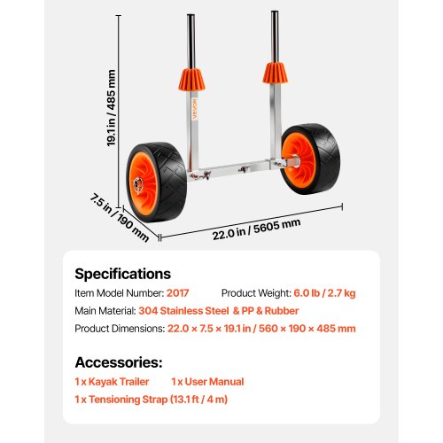 Kayak Cart 250 lbs Load Capacity Canoe Cart Dolly with 7.5inch Solid
