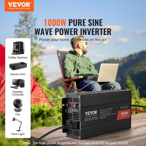 Sine Wave Converter 1000W DC 12V to AC 120V with Dual AC Sockets 1 USB