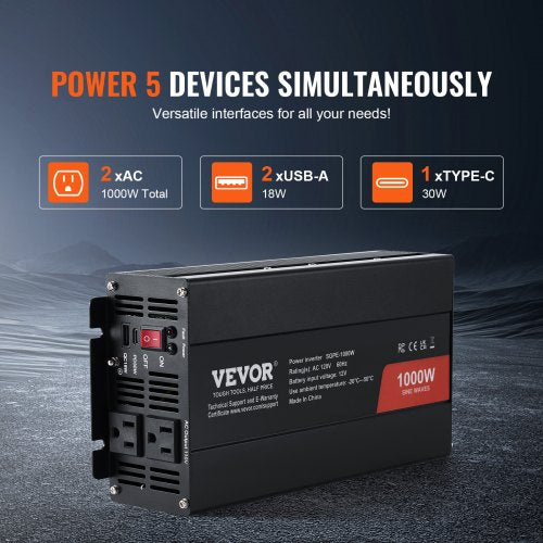Sine Wave Converter 1000W DC 12V to AC 120V with Dual AC Sockets 1 USB