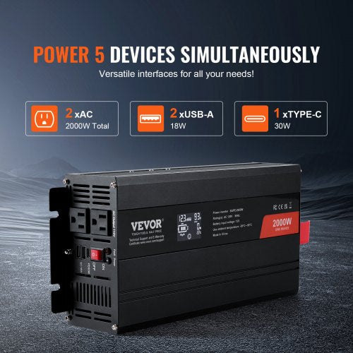 Pure Sine Wave Inverter 2000 Watt DC 12V to AC 110V Power Inverter with 2