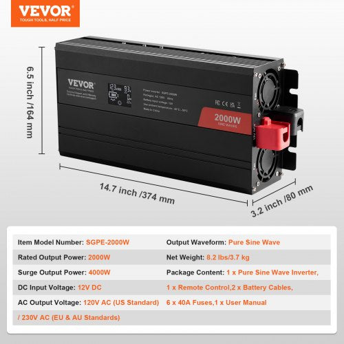Pure Sine Wave Inverter 2000 Watt DC 12V to AC 110V Power Inverter with 2