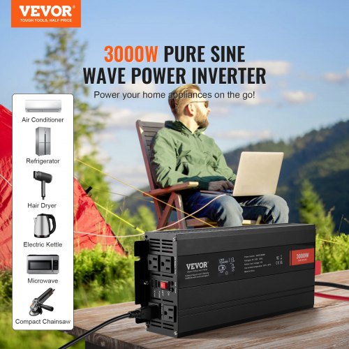 Pure Sine Wave Inverter 3000 Watt DC 12V to AC 120V Power Inverter with 2