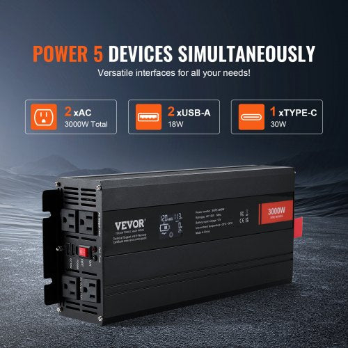 Pure Sine Wave Inverter 3000 Watt DC 12V to AC 120V Power Inverter with 2