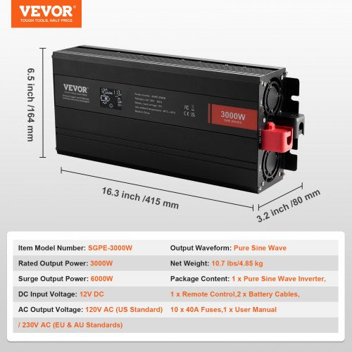 Pure Sine Wave Inverter 3000 Watt DC 12V to AC 120V Power Inverter with 2