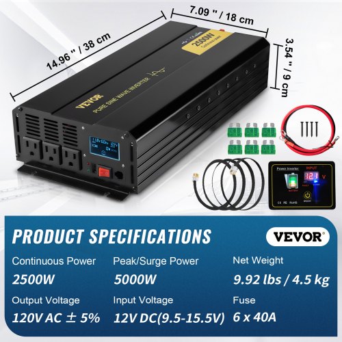 Pure Sine Wave Inverter 2500 Watt Power Inverter DC 12V to AC 120V Car