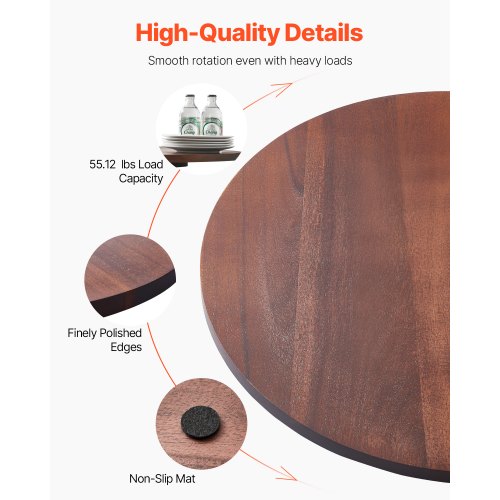 24 in Wood Lazy Susan Turntable 360° Rotation Round Clear Tabletop Rotating