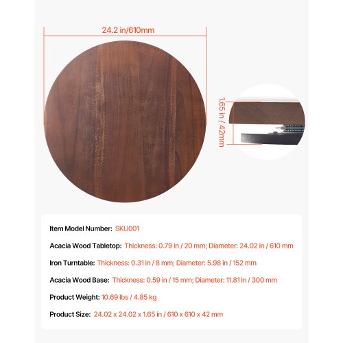 24 in Wood Lazy Susan Turntable 360° Rotation Round Clear Tabletop Rotating