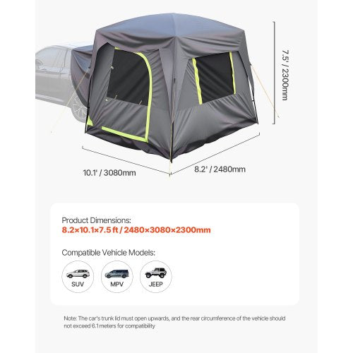 SUV Tent for Camping 10FT L x 8FT W Waterproof PU2000mm Spacious Double
