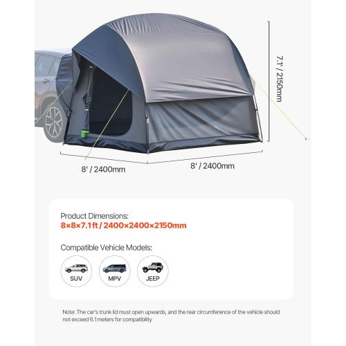 SUV Tent for Camping 8FT L x 8FT W Waterproof PU2000mm Spacious Double