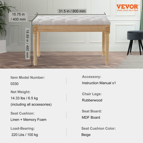 Upholstered Bench 16W Ottoman Bench End of Bed Bench with Foam Padded