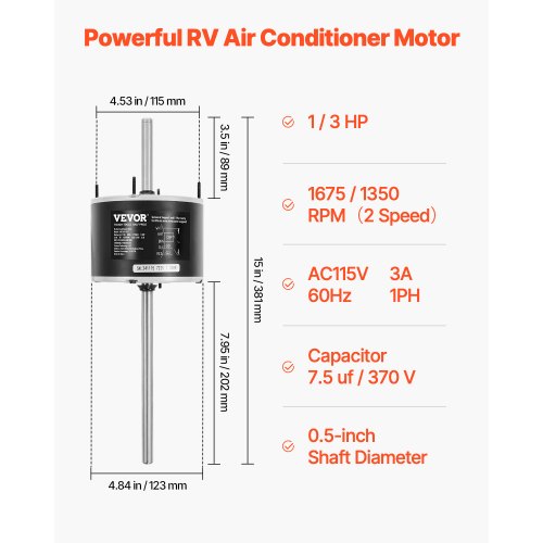 13HP RV Air Conditioner Motor with Capacitor AC115V 3A 1675 RPM