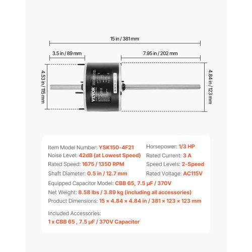 13HP RV Air Conditioner Motor with Capacitor AC115V 3A 1675 RPM