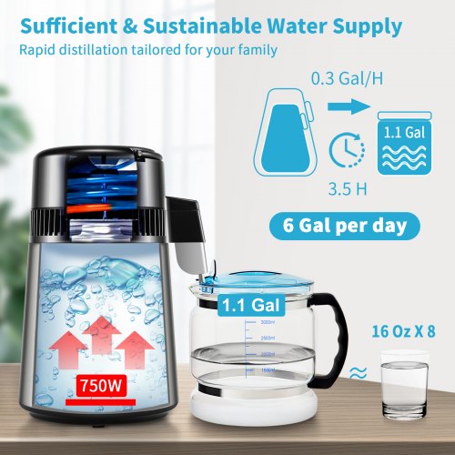 1.1 Gal Water Distiller 0.3 Gal/H 750W Distilled Water Maker Machine 0-99H