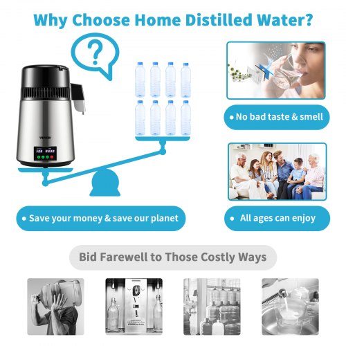 1.1 Gal Water Distiller 0.3 Gal/H 750W Distilled Water Maker Machine 0-99H