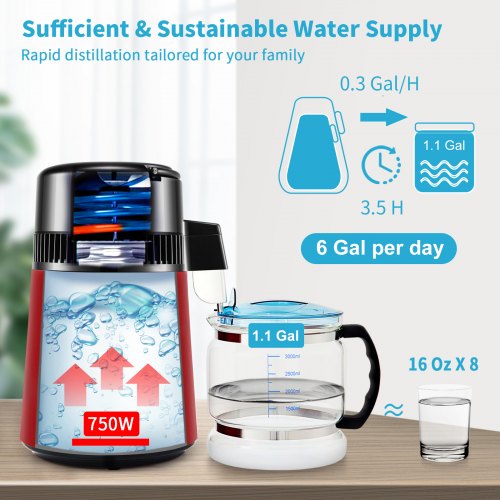 1.1Gal Water Distiller 0.3Gal/H 750W Distilled Water Maker Machine 0-99H