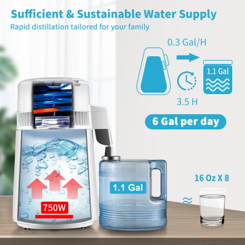 1.1Gal Water Distiller 0.3Gal/H 750W Distilled Water Maker Machine 0-99H