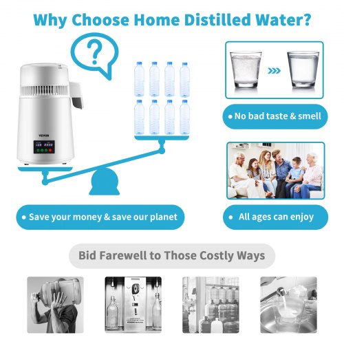 1.1Gal Water Distiller 0.3Gal/H 750W Distilled Water Maker Machine 0-99H