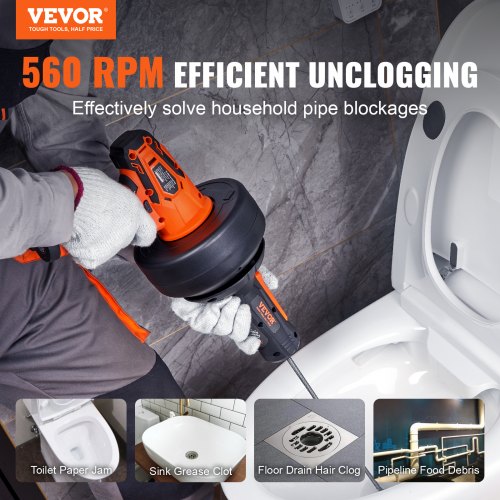 12V Electric Drain Auger 25FT Cordless Plumbing Snake Auto Feed Pipeline
