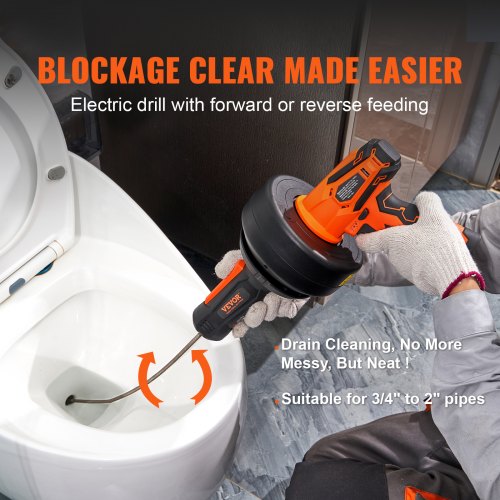 12V Electric Drain Auger 25FT Cordless Plumbing Snake Auto Feed Pipeline