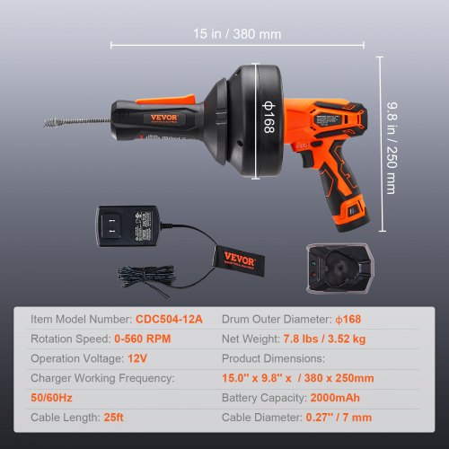 12V Electric Drain Auger 25FT Cordless Plumbing Snake Auto Feed Pipeline