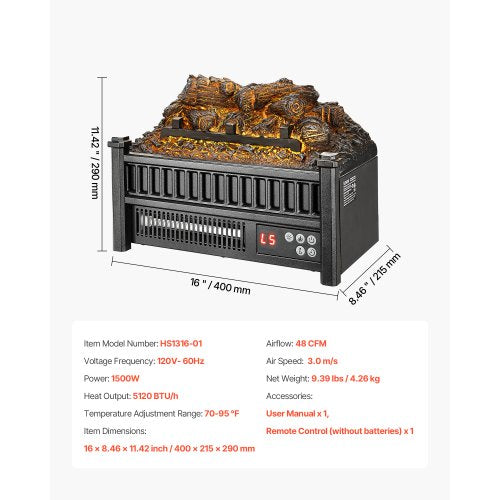 Electric Fireplace Log 16 inch Fireplace Insert Log Heater with Remote