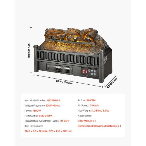 Electric Fireplace Log 20 inch Fireplace Insert Log Heater with Remote