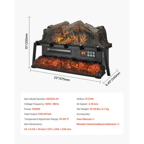 Electric Fireplace Log 23 inch Fireplace Insert Log Heater with Crackling