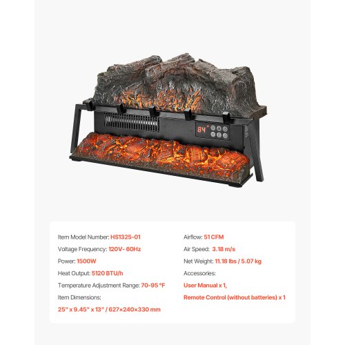 Electric Fireplace Log 25 inch Fireplace Insert Log Heater with Crackling