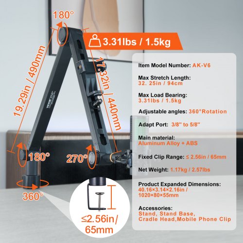 Microphone Boom Arm with Desk Mount 360° Rotatable Adjustable Mic Stand