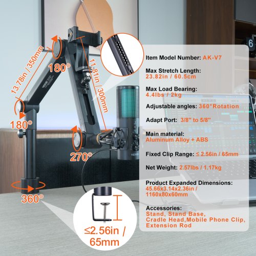 Microphone Boom Arm with Desk Mount 360° Rotatable Adjustable Mic Stand