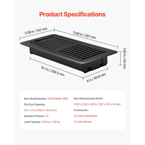 4 x 10 Inch Floor Registers 12Pack Vent Grilles HAVC HeavyDuty Walkable