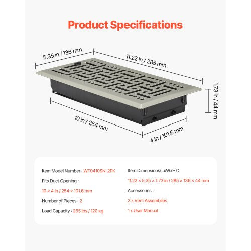4 x 10 Inch Floor Registers 2Pack Vent Grilles HVAC HeavyDuty Walkable