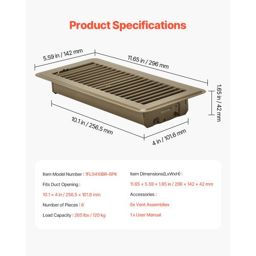 4 x 10 Inch Floor Registers 6Pack Vent Grilles HVAC HeavyDuty Walkable