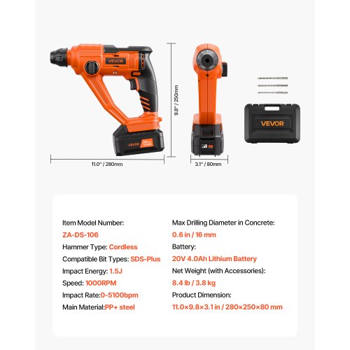 20V Cordless Hammer Drill LithiumIon 0.6 Inch Rotary Hammer Driver