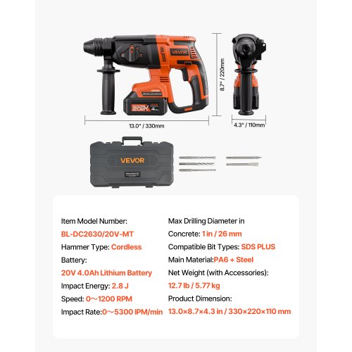 20V Brushless Cordless Hammer Drill LithiumIon 1 Inch Rotary Hammer