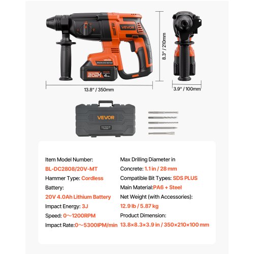 20V Brushless Cordless Hammer Drill LithiumIon 1.1 Inch Rotary Hammer