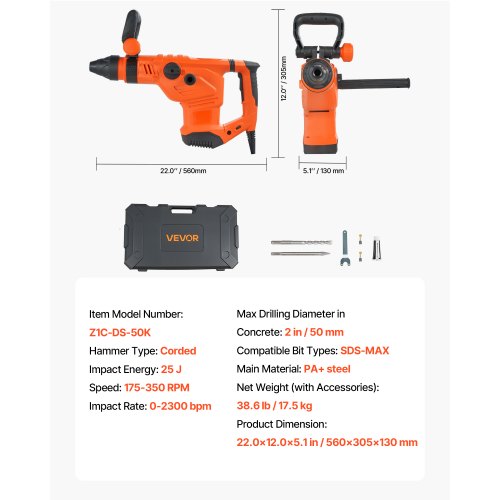 Corded Hammer Drill 1600W 175350RPM Electric Demolition Drills 2Inch