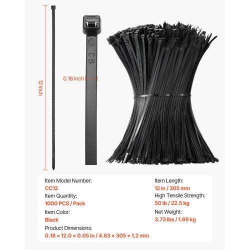 1000 Pack Cable Zip Ties 12inch Heavy Duty Cable Wire Ties with 50LBS High