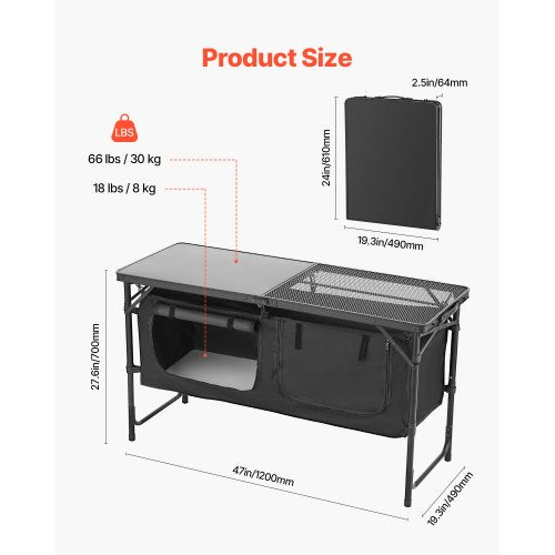 Camping Kitchen Table Folding Outdoor Cooking Table 3 Adjustable Heights