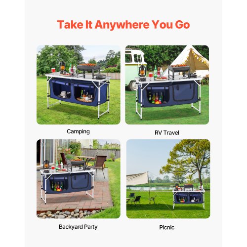 Camping Kitchen Table Folding Outdoor Cooking Table 3 Adjustable Height