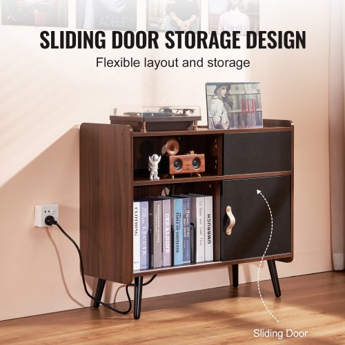 Record Player Stand with Power Outlet Turntable Stand Holds Up to 350