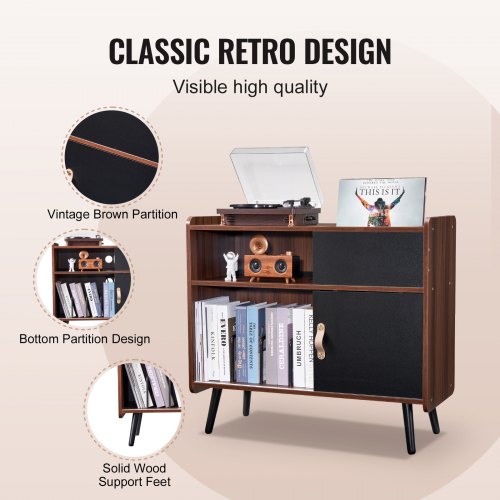 Record Player Stand with Power Outlet Turntable Stand Holds Up to 350