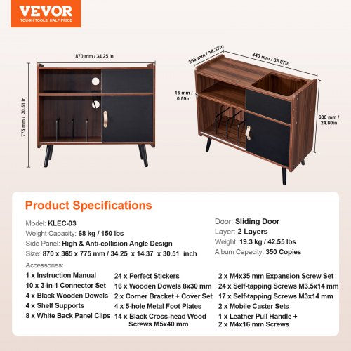 Record Player Stand with Power Outlet Turntable Stand Holds Up to 350