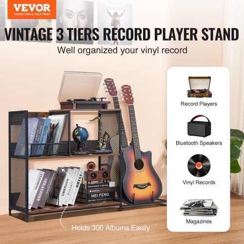 3Tier Record Player Stand with Guitar Holder Turntable Stand with Storage