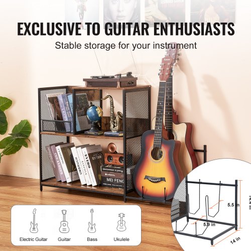 3Tier Record Player Stand with Guitar Holder Turntable Stand with Storage