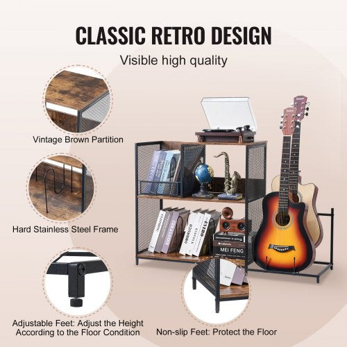 3Tier Record Player Stand with Guitar Holder Turntable Stand with Storage