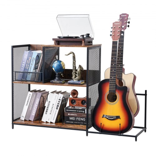 3Tier Record Player Stand with Guitar Holder Turntable Stand with Storage