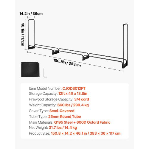 Firewood Rack with Waterproof Cover 150 x 14 x 46 in Outdoor Firewood