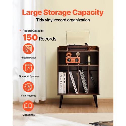 Record Player Stand with LED Light 3 Tiers Turntable Stand with Charging